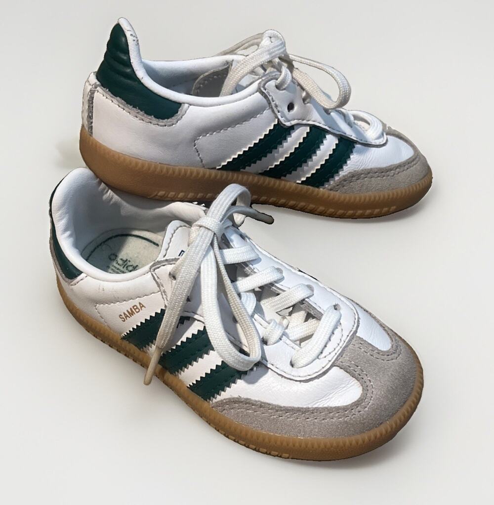 Adidas Samba OG Sneakers White With Green Stripes Rubber Sole Classic Kid’s Sz 6